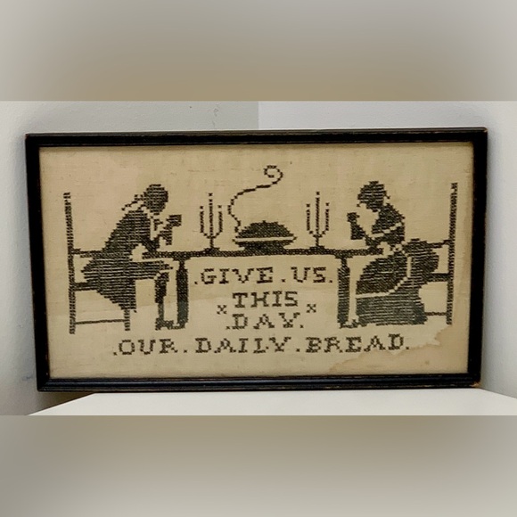 Antique Black Wooden Framed Give Us This Day Our Daily Bread Handmade Sampler - Picture 3 of 13